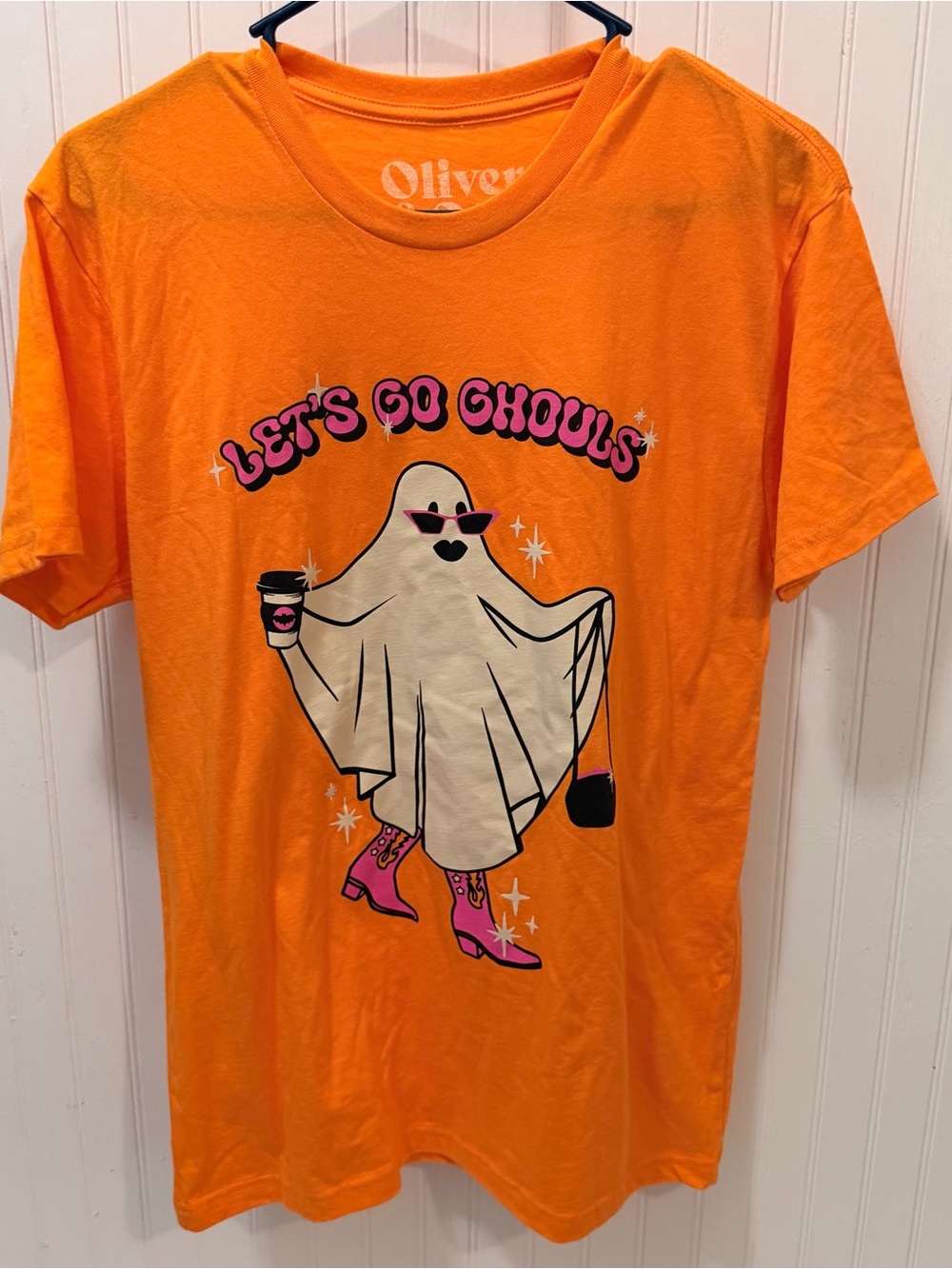 Oliver + Otis Bright Orange Graphic Tee Let’s Go Ghouls Ghost Coffee Shopping
